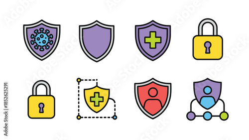 User data protection and health safety concepts, professional collection of colorful flat line icons for web security, medical privacy, and secure technology interface design.