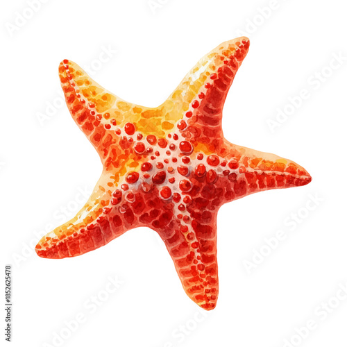 Starfish watercolor illustration, featuring a sea star with vibrant orange and red hues, painted in an aquatic oceanic theme with a transparent background