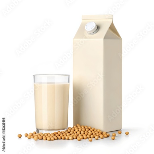 Soy milk in a glass with a carton and soybeans on white background