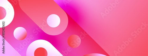 Abstract pink background features overlapping circles, gradients, soft shadows. Modern design elements create dynamic visual appeal.