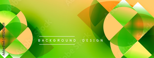 Abstract geometric shapes blend vibrant green, yellow, orange hues. Modern design creates dynamic visual experience. Smooth gradients enhance depth.