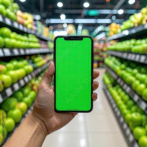 Hand holding a smartphone with a green screen, inside a grocery store
