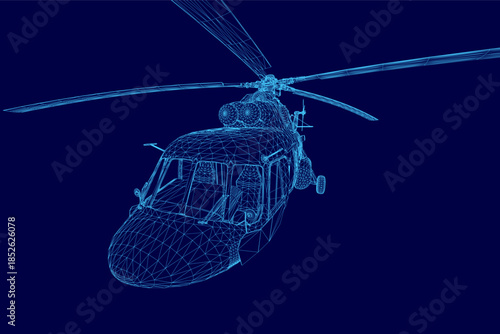 A detailed 3D wireframe model of a helicopter isolated on a solid blue background, showcasing its complex mechanical structure and design.