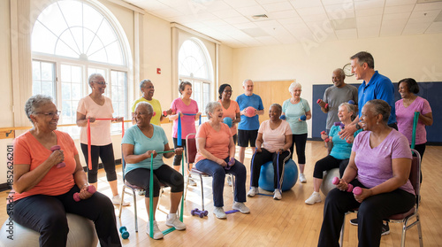 A diverse group of Seniors joyfully participates in a seated exercise class. They use weights, resistance bands, and stability balls in a bright Community Hall, led by their instructor.