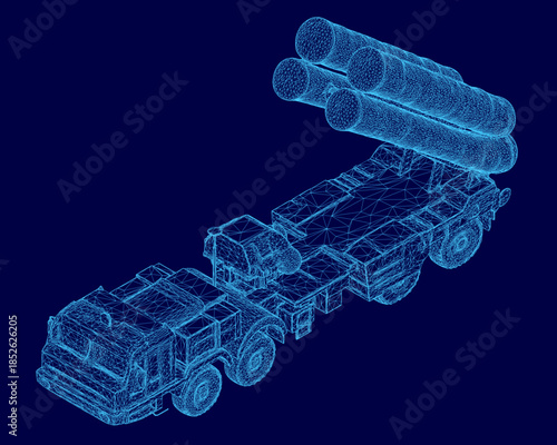 A 3D wireframe model of a military missile launcher truck, isolated on a solid blue background for clear presentation.