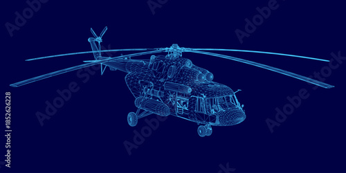 A detailed 3D wireframe model of a helicopter floats on a solid blue background, revealing its complex internal structure and mechanical blueprint.