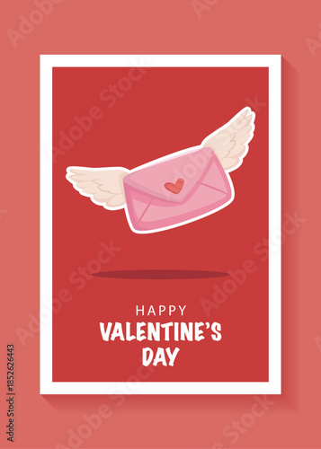 Cute Cartoon Vector Illustration of a Flying Love Letter with Wings for 'Happy Valentine's Day'.