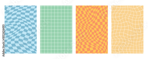 Set of 4 Groovy Checkerboard and Grid Backgrounds - Distorted Wavy Op Art Vector Pack.