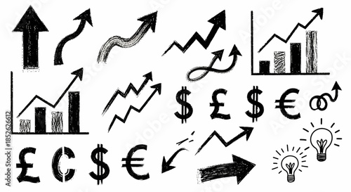 Collection of Hand Drawn Arrows Graphs and Currency Symbols Representing Financial Growth.