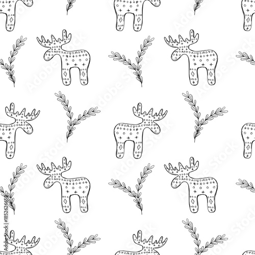 Traditional Xmas red wooden moose figurine among simple green plants vector seamless pattern. Sweden Christmas animal symbol and herbs line art ink ornate for winter holiday designs, home decor.