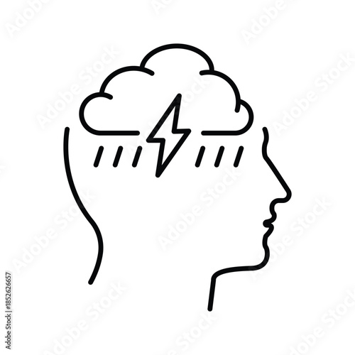 Human head with storm and lightning. Line icon. Editable stroke. Vector illustration.