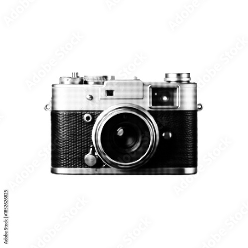 Vintage film camera in black and white halftone style. Retro photography equipment isolated on white background, classic analog camera illustration for design, poster, print or editorial use.