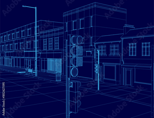 A 3D wireframe model of a town street at night, featuring illuminated buildings, street lights, and traffic poles under a dark sky.