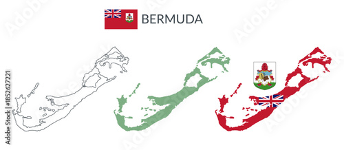 Bermuda geographical borders isolated on white background. Flag of Bermuda. Vector flat cliparts.