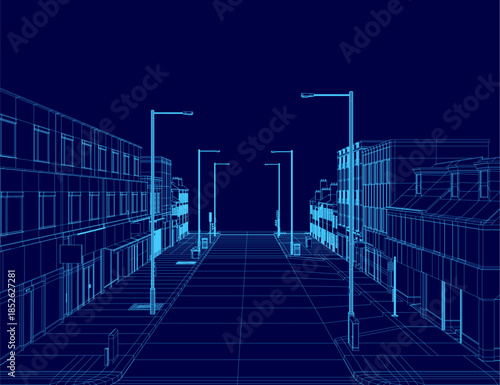 A wireframe blueprint of a town street at night, illuminated by glowing street lights and surrounded by geometric building structures.
