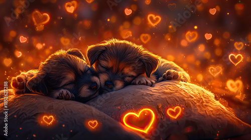 Two adorable puppies cuddling intimately with glowing hearts around AI Generative