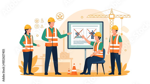 Construction workers attending a safety training session with a presentation.