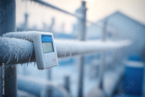 Temperature monitor shows low reading in cold environment with frost on pipes during winter morning