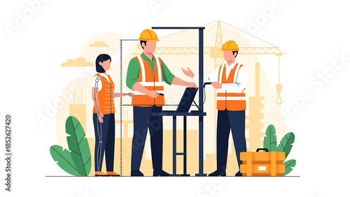 Construction workers collaborating on a project with a laptop.