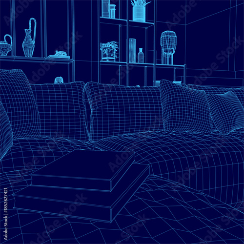 Modern living room 3D wireframe model features a comfortable couch with decorative pillows and a central table. Shelves behind the sofa display various objects, creating a cozy and inviting.