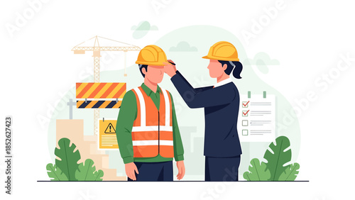 Construction workers collaborating on safety protocols and site management.