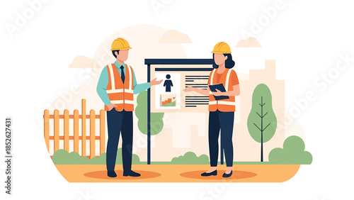 Construction workers discussing project details at a presentation board.