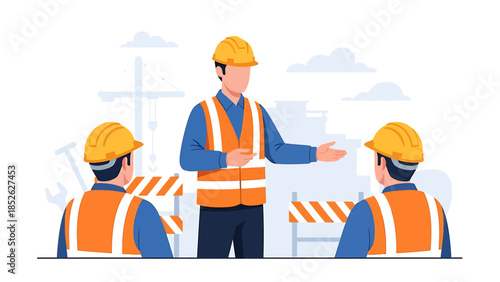 Construction workers in safety vests and hard hats discussing plans.