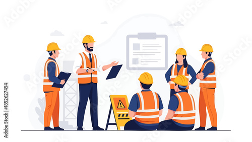 Construction workers gathered for a safety briefing meeting.