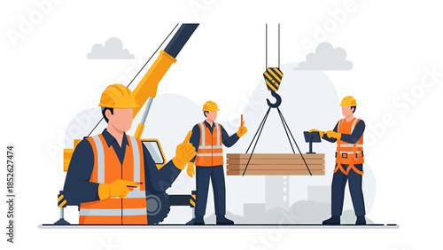 Construction workers operating a crane lifting heavy materials at a site.