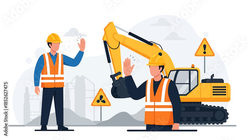 Construction workers operating heavy machinery on a site.