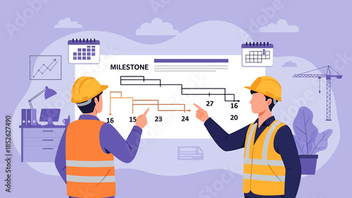 Construction workers planning project timeline on whiteboard.