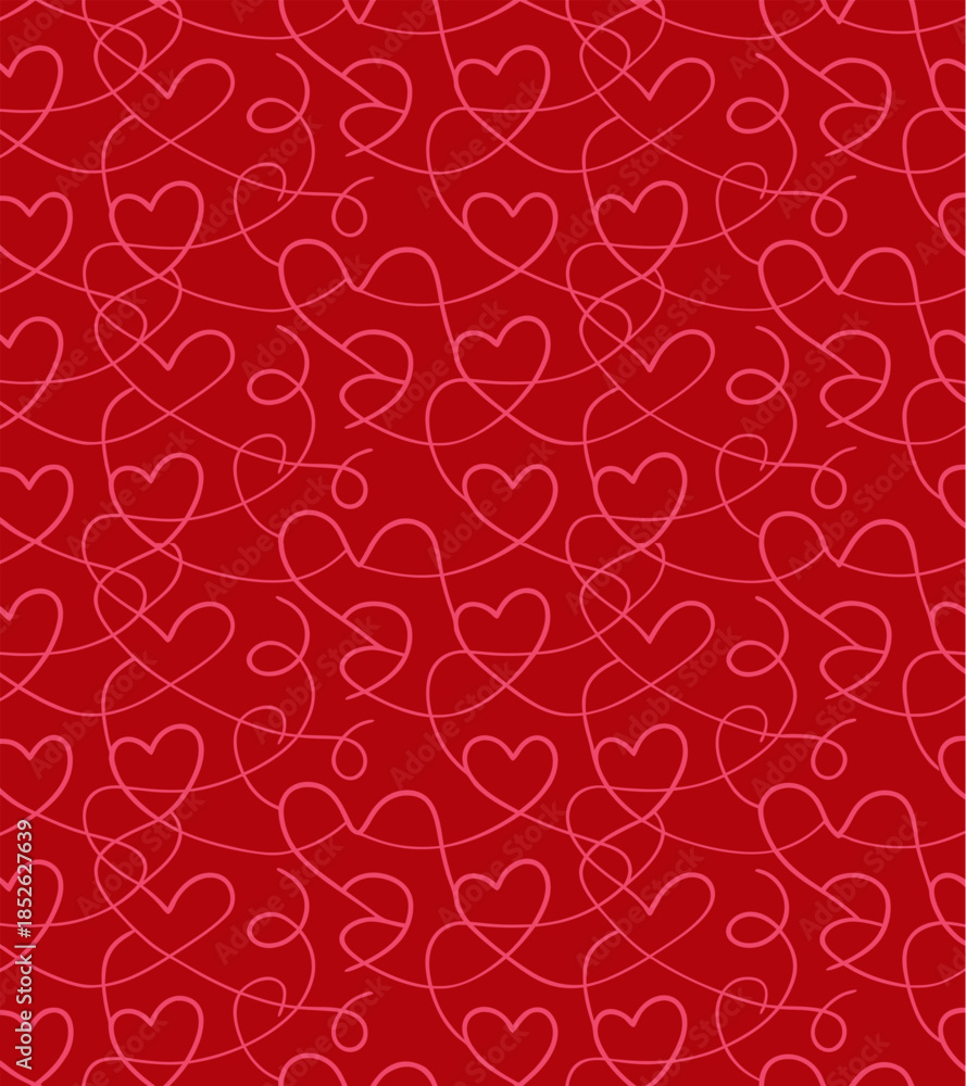 Fototapeta premium Romantic red background with intertwined pink hearts