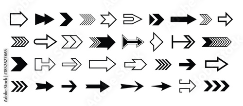 Directional arrow icons pack, featuring various styles of minimalist pointers, cursor symbols, and navigation elements for professional application design and digital marketing projects.