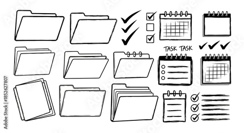 Collection of hand drawn folder and calendar icons for organization and planning.