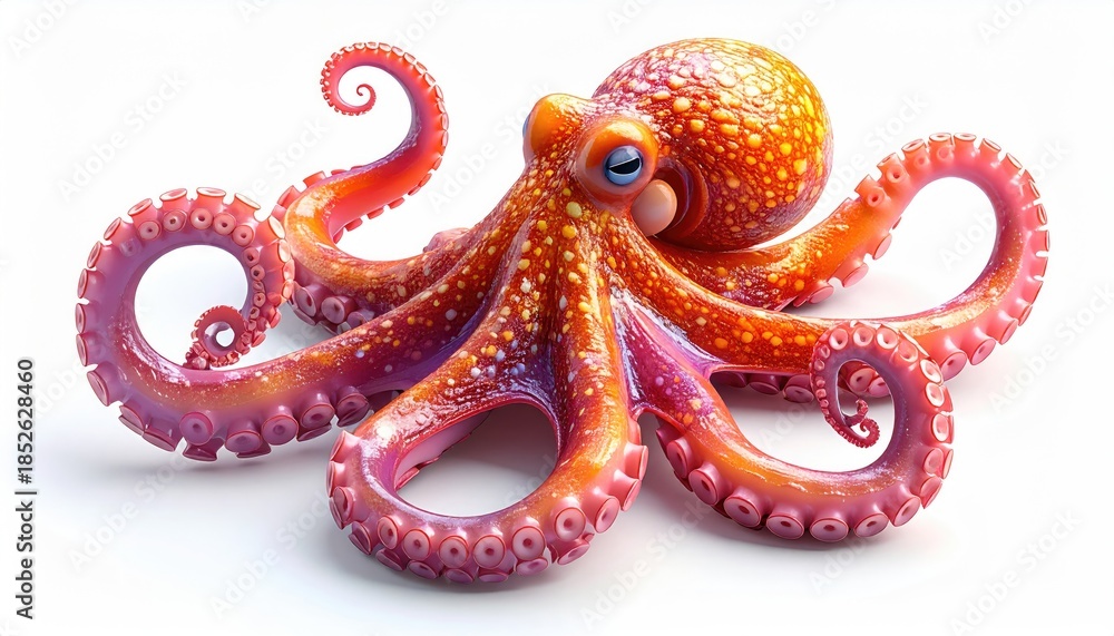 Fototapeta premium Vivid, stylized octopus with red-orange skin on white background