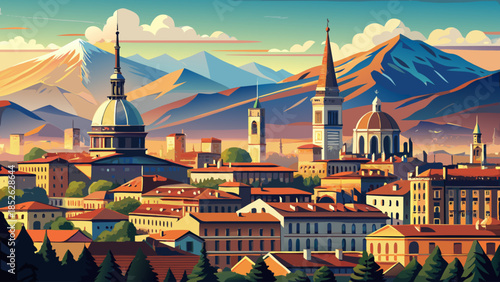 Very beautiful cityscape of Turin with elegant historic buildings and distant Alpine mountains, captured in soft daylight, blending refined urban design with dramatic northern Italian natural scenery.