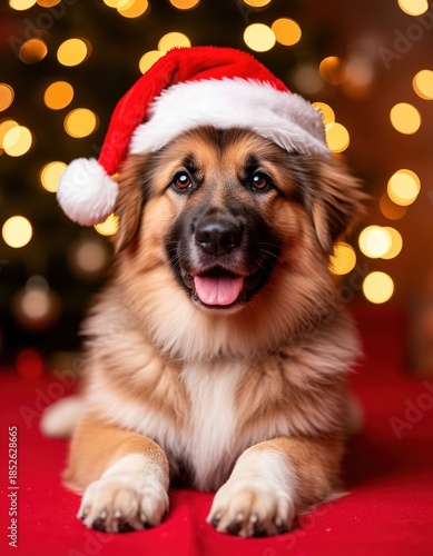 A dog in a Santa hat against a background of bokeh lights. Christmas card.