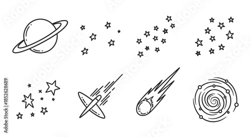 Collection of Hand Drawn Space Elements and Celestial Bodies.