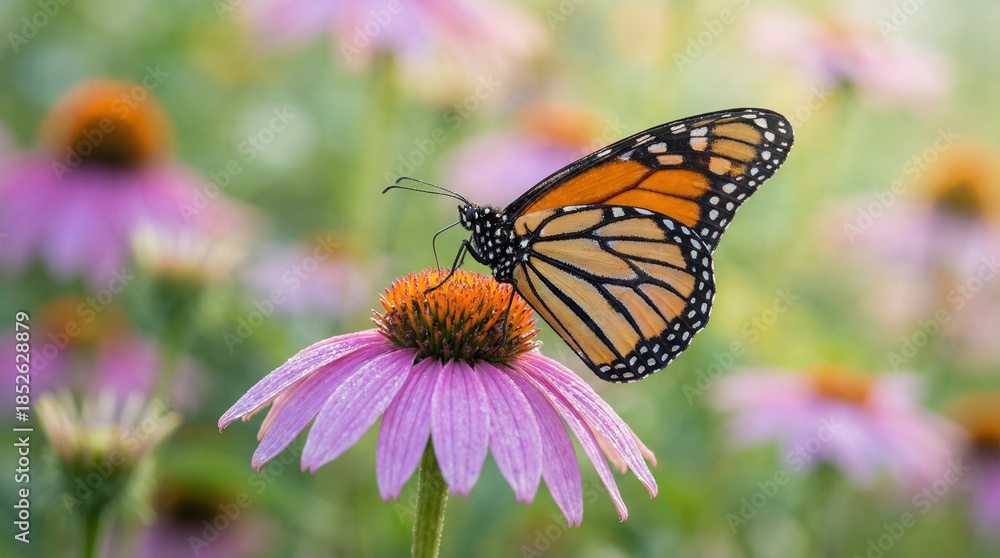 Obraz premium A Monarch butterfly delicately lands on a vibrant purple coneflower, surrounded by a colorful meadow. It is bathed in soft, early morning light.