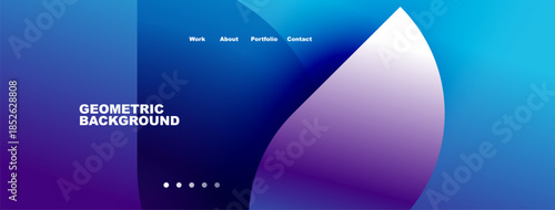 Abstract geometric background. Gradient blue, purple hues dominate design. Minimalist website header present with navigation options.