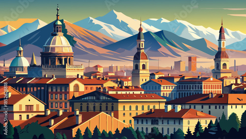 Very beautiful cityscape of Turin with elegant historic buildings and distant Alpine mountains, captured in soft daylight, blending refined urban design with dramatic northern Italian natural scenery.