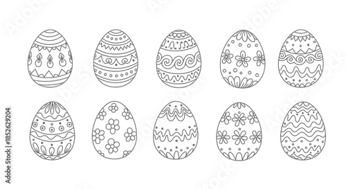 Collection of Hand-Drawn Easter Eggs with Intricate Patterns and Designs.