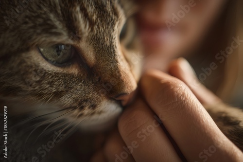 Persons hand gently holding a tabby cats paw, tender humanpet connection conveying trust, care and homey companionship