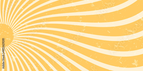 Groovy retro sun burst forms bold yellow and orange wave. Ray shape and grungy texture give an abstract y2k sunshine effect. Horizontal background for vintage summer creative poster themes.