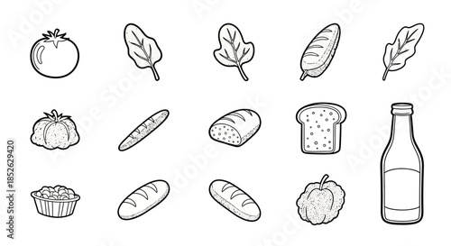 Collection of Hand-Drawn Food Items and Beverages in Black and White Outline.