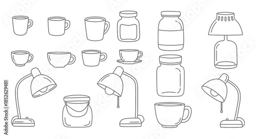 Collection of Hand-Drawn Objects Including Cups Lamps and Jars.