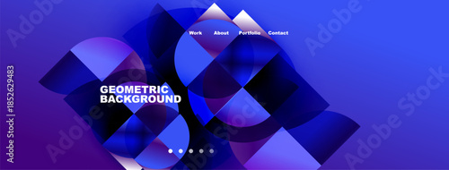 Abstract geometric background. Blue, purple hues dominate design. Navigation menu present, text visible. Modern aesthetic.