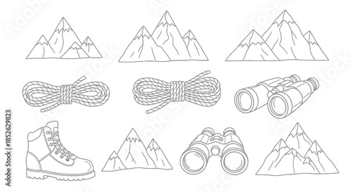 Collection of Hiking and Camping Gear and Mountain Illustrations.