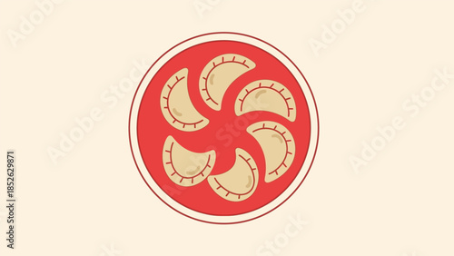 Delicious Asian dumplings arranged in a circular pattern on a red plate, ready to be served.