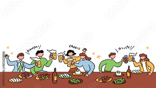 飲み会や居酒屋で新年会や忘年会で乾杯する人物、ビジネスパーソンのベクター手描きイラスト素材セット Vector hand-drawn illustration set of people toasting at Japanese izakayas and drinking parties .